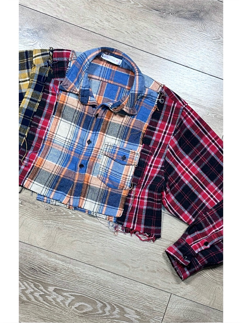 Mi Ami Raw Hem Distressed Cropped Patchwork Button Down Flannel